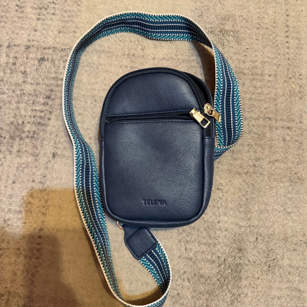 TELENA Mini Crossbody Phone Bag Blue Faux Leather‎ Small Zip Shoulder Purse